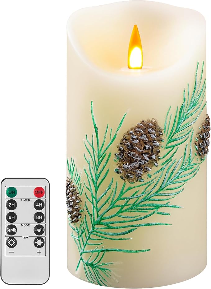 Embossed Pinecone Flameless LED Candle-Realistic Flickering Flame-Battery-Operated Candle with Remote Timer-Real Wax - unscented - Home - Holiday Decoration (3" x 6 ")