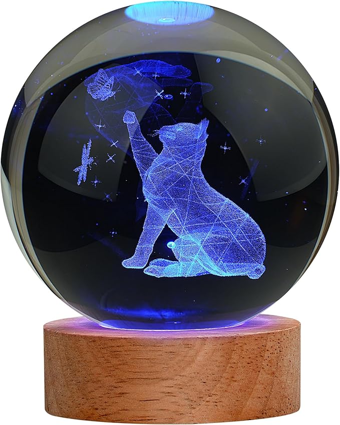 Cat Gifts for Cat Lovers for Women, Large 3D Night Light, Crystal Lamp 16 Color Changing with Remote Control for Bedroom Decor, Play with Butterfly