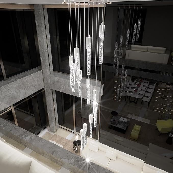 Flashing God Modern Crystal Chandelier Dimmable LED Silver Ceiling Light Crystal Bubble Pendant Lights High Ceiling Chandelier for Living Room Lobby Staircase Chandeliers LED Dimmable 2700K-6000K