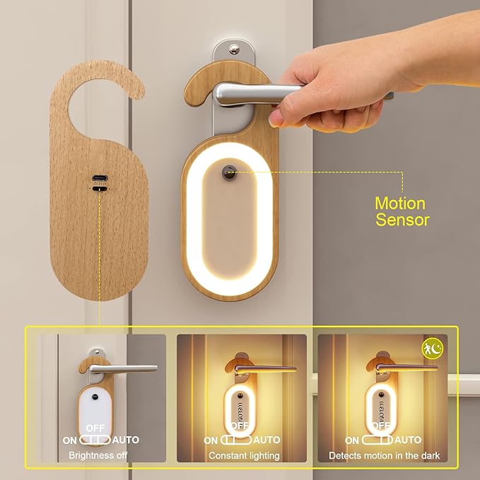 Wooden Message Memo Motion Sensor Door Key Night Light, Doorknob Board LED Door Lock Lamp, Rechargeable Doorhandle Warm Light Hook Design for Bedroom, Bathroom