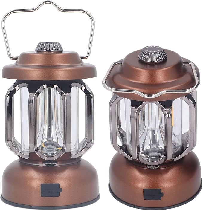 Retro Camping Lantern, Rechargeable LED Tent Lamp with 3 Light Modes, Dimmable Vintage Camping Light with Hook, USB Type C Portable Lantern for Garden Outdoor (Brown)