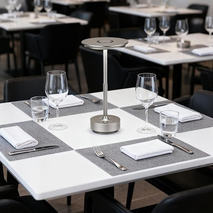 Cordless Table Lamp Rechargeable - 5000mAh Battery Operated LED Table Light with Touch Stepless Dimming - Portable Silver Metal Outdoor Lamp for Patio, Restaurant, Bedroom