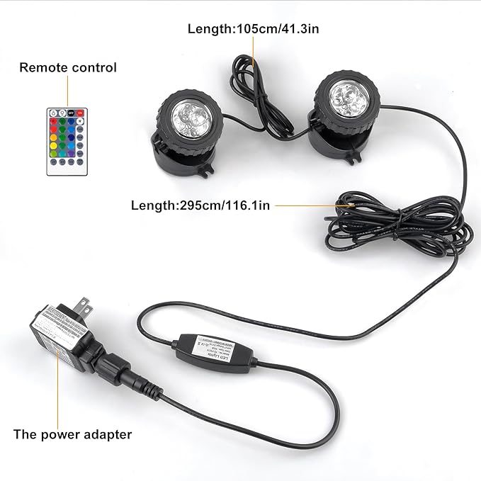 RGB Pond Lights with Timer,LED Underwater Submersible Fountain Light, 98ft Remote Control IP68 Waterproof Colorful Landscape Spotlights for Fish Aquarium Tank Garden Yard Pool (Set of 2)