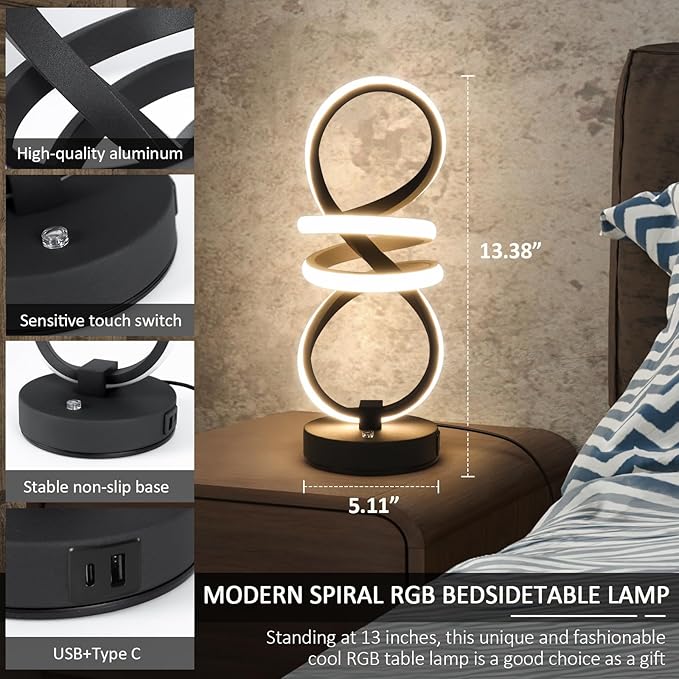 Modern LED Table Lamp, Spiral RGB Table Lamp, Touch Dimmable LED Nightstand Lamp with USB/Type C, 7 Colors & 10 Light Modes Bedside Lamp for Bedroom, Living Room, Office, Cool Lamps for Ideal Gift