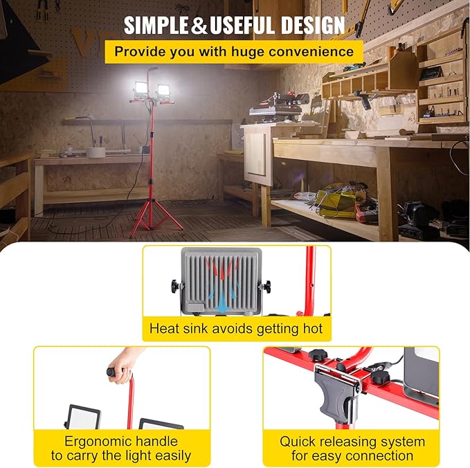 VEVOR LED Work Light with Stand, 2PCS 10000 Lumen Dual-head LED Work Light with 27.6"-68.1" Adjustable and Foldable Tripod Stand, IP65 Waterproofed LED Tripod Work Light, with 5000 K Color Temperature
