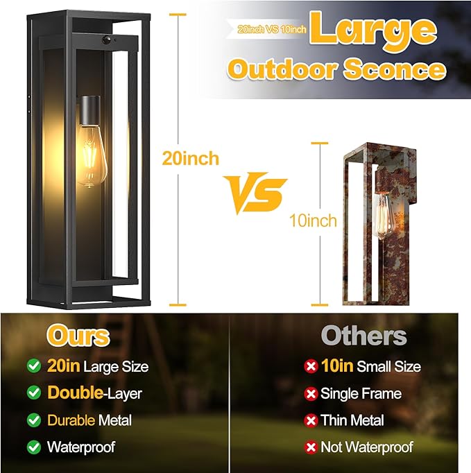 20in Outdoor Wall Light Motion Sensor-Black Modern Sconce Waterproof Exterior Lighting Fixture E26 Socket Porch Lights Extra Large Lantern for Entryway Patio House Garage 2Pack