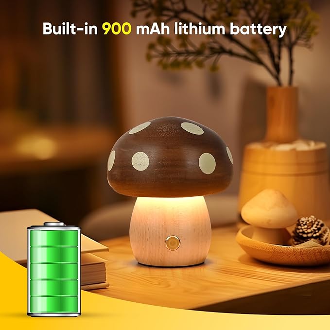 Cordless Wood Mushroom Lamp, Small Battery Operated Wooden Table Lamp Portable Night Light, 3-Level Dimmable Touch Control Warm LED Light for Bedroom, Nursery, Patio Decor