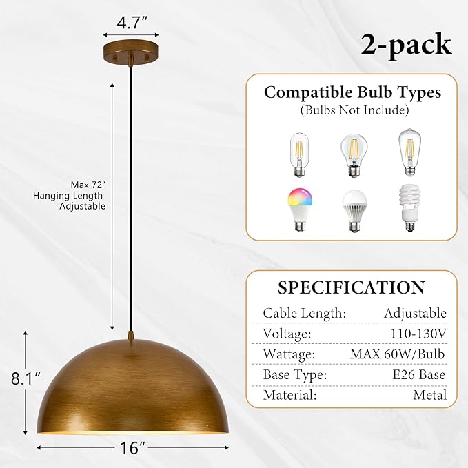 16" Dome Gold Pendant Light, Farmhouse Pendant Lights for Kitchen Island, Modern Adjustable Hanging Lamp for Dining Room Living Room Hallway Cafe Bar 2 Pack
