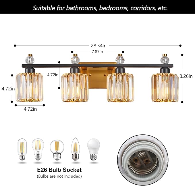 Bathroom Vanity Lights 4-Light Black Gold Modern Crystal Vanity Light Fixtures Over Mirror Crystal Bathroom Vanity Lighting Fixtures