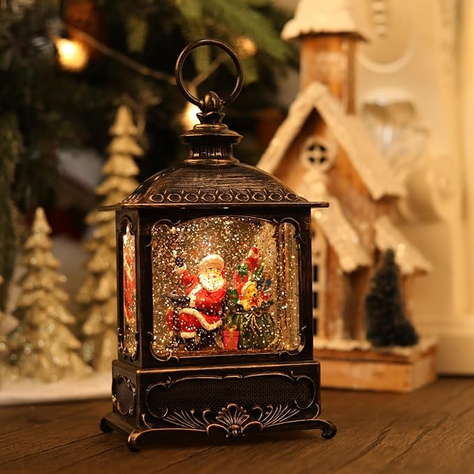 Christmas Snow Globe Lantern Santa Claus Decorations, Music Glitter Lanterns with 6h Timer, 3 AA Battery Operated & USB Powered, Santa Claus Snow Globe Lantern for Christmas Home Decoration and Gift