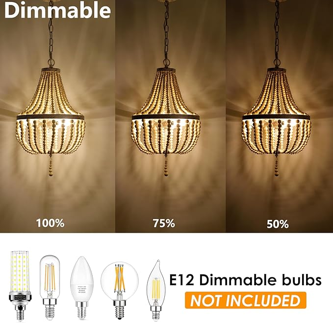 3-Light Mini Wood Beaded Bohemian Plug in Chandelier Dimmable and Timer Pendant Light Fixture with 16.4ft Swag Cord,Antique Metal Finish Natural Color Beads,Dining Room,Living Room,Foyer,Bedroom…