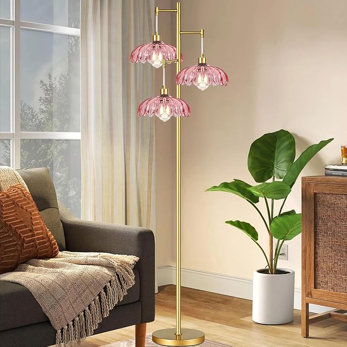 Pink Floor Lamp for Living Room,Bedroom,Gold Mid Century Modern Standing Lamp Brass Tree 3 Light Tall Floor Lamps Glass Floor Lights Flower Lamp Shade Girls Kids Boho Bohemian