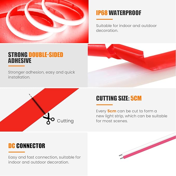 24V COB Neon Strip, 320LEDs/m Ultra-Bright Flexible COB Neon LED Strip, Outdoor Waterproof IP68 Self-Adhesive Tape, Red/White 2-Wire LED Fairy Lights for Patio, Christmas（Red,13M）