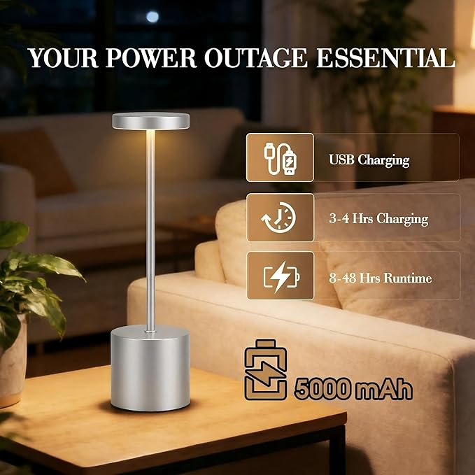 Cordless Table Lamp – 2 Pack Rechargeable Table Lamps, 5000mAh Battery Operated Lamp with 3-Color Dimmable Light, Outdoor Table Lamp for Bedroom, Restaurant, Patio, Home Décor (Silver)