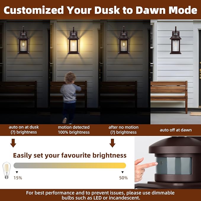 Motion Sensor Outdoor Lights Oil Rubbed Bronze Dusk to Dawn 2-Pack, Anti-Rust Exterior Light Fixtures IP65 Waterproof Front Porch Lights Brown Outdoor Sconces Wall Mounted 16 Inch