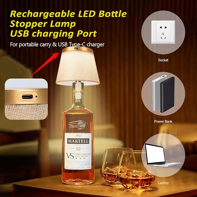 2025 New Bottle Lamp - LED Bottle Lights for Liquor & Wine Bottles, Cordless Lampshade, Whiskey Bottle Top Light, Bottle Stopper Night Light Kit, Rechargeable 3-Tone Touch-Dimmable