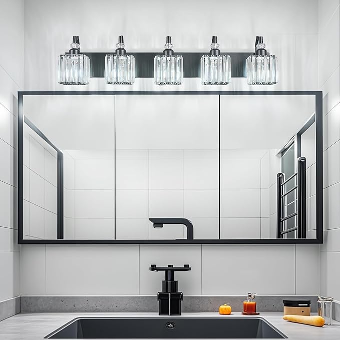 Crystal Vanity Lights - Black 5 Light Modern Bathroom Vanity Light Fixtures Over Mirror
