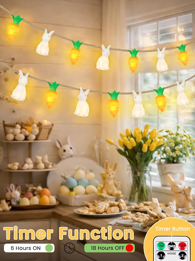 YIQU Easter Decoration String Lights, 10FT 12LED Bunny Carrot Mantel Garland Battery Operated with Remote Timer 8 Modes, Hemp Rope Banner for Fireplace Table Wall Spring Party Indoor Outdoor Decor