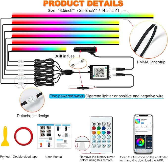 Interior Car LED Strip Lights, Acrylic LED Lights for Car with Dynamic Dreamcolor Chasing, Ambient Lighting Kits Music Sync Wireless APP and RF Remote Control (6 in 1)