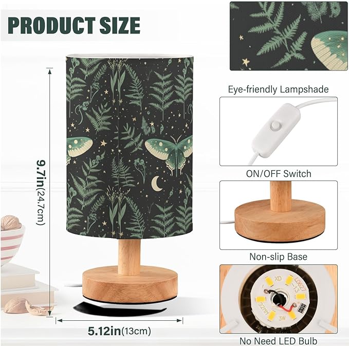 Fustylead Mystical Green Moth with Stars Moon Ferns Bedside Table Lamps with USB Port for Bedroom Lamp Small Nightstand Lamp Sturdy Linen Shade Wooden Decorative Lamps for Living Room Home Dorm Kids