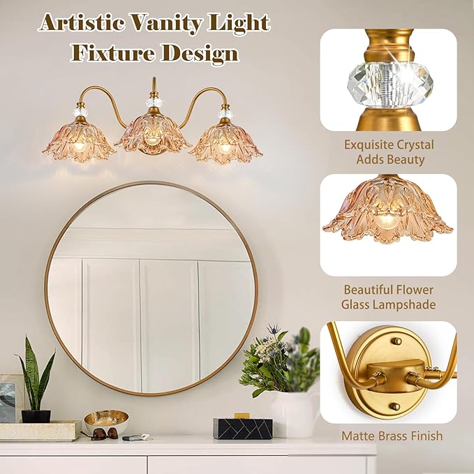 Vintage 3-Light Bathroom Vanity Light | Matte Brass & Flower Amber Glass Wall Sconce