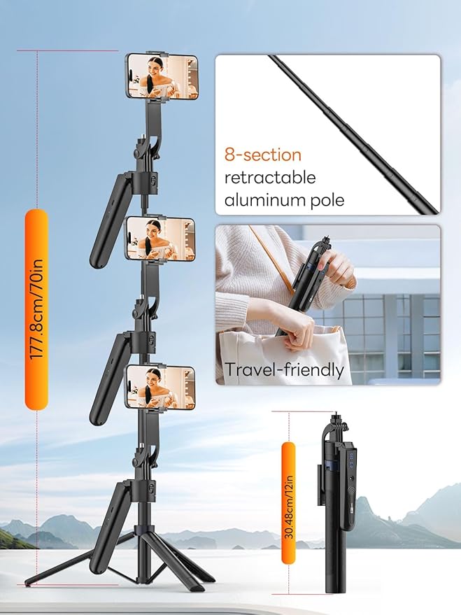 USKEYVISION 70” Auto Face Tracking Tripod, Extendable 360° Rotation Phone Tripod for iPhone and Android, Selfie Stick for iPhone w/Remote Control,Phone Holder Video Recording for TikTok(UTK-01)