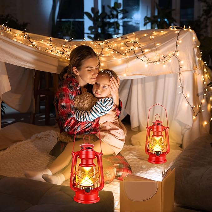 Riakrum 4 Pcs Vintage LED Hurricane Lanterns 9.5 Inch Warm White Old Hurricane Lamps Battery Operated Hanging Lanterns with Dimmer Switch for Indoor Table Centerpieces Outdoor(Red)