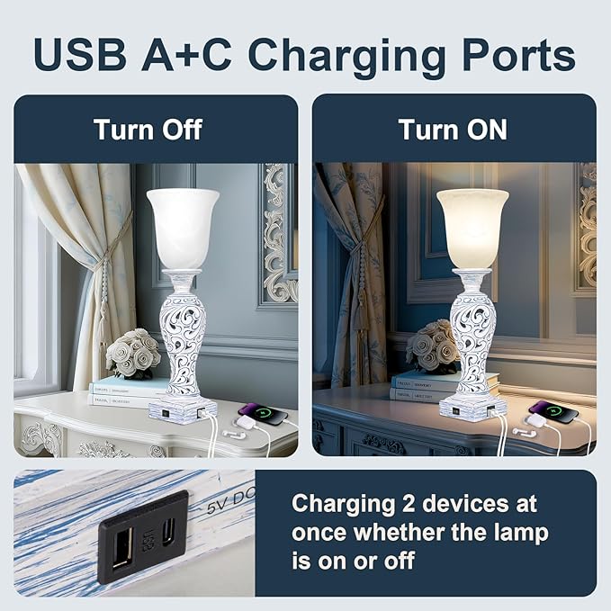 20" Vintage Table Lamp Set of 2 for Living Room, Rustic Farmhouse Bedside Lamps for Bedroom, 3-Way Dimmable Desk Lamps with Nightlight and 2 USB Ports, Traditional Nightstand Lamps with Glass Shade