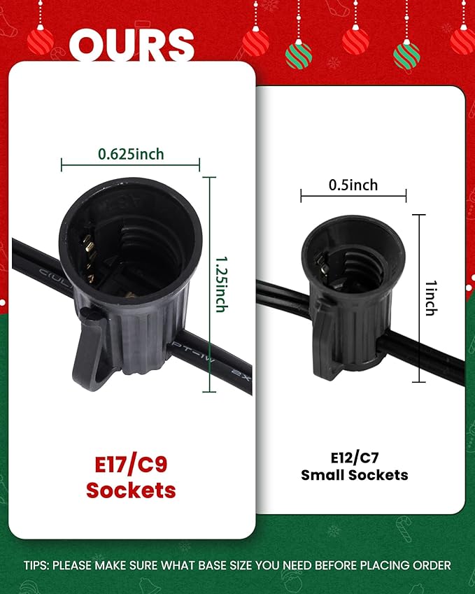 Brightown C9 Light Strand, 25FT Black Cord Outdoor String Lights Christmas Stringer with 12" Socket Spacing, C9/E17 Intermediate Base Indoor/Outdoor Stringer Set for Christmas Decor Patio
