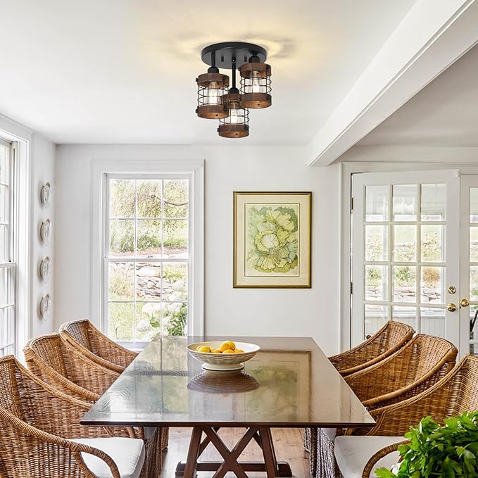 Semi Flush Mount Ceiling Light,3-Light Farmhouse Chandelier Light Fixtures Ceiling Mount, Black Hallway Light Fixtures with Wooden Cage Shade,Rustic Kitchen Light Fixture for Entryway Bedroom