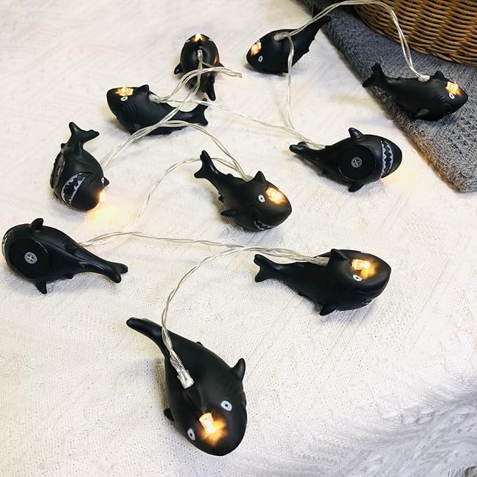 5.4 FT Black Shark String Lights, 10 LED Warm White Black Theme Halloween Night Light, Battery Operated for Home Party Decoration