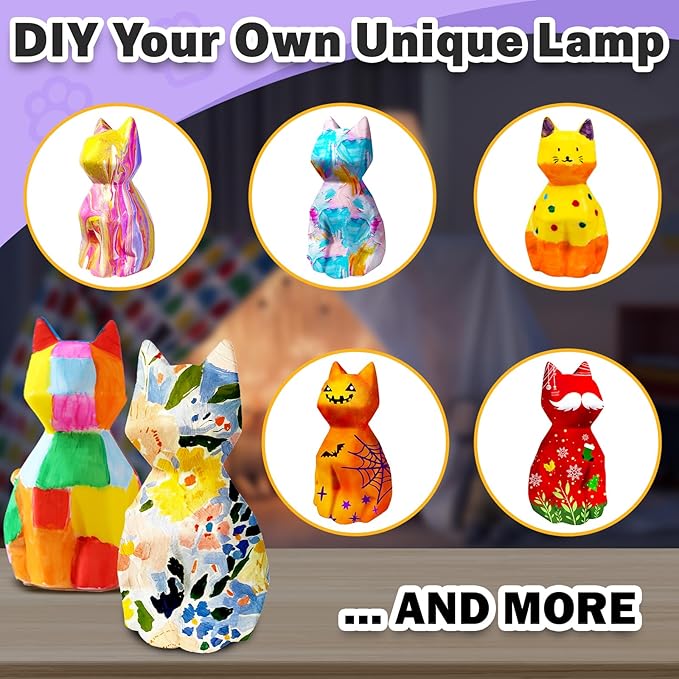 FUNZBO 2pcs Paint Your Own Cat Lamp - Arts and Crafts Supplies Kitten Painting Kits for Kids Teens, DIY Night Light Toy for Toddlers Girls Boys Ages 3 4 5 6 7 8 9 10 11 12 13 Christmas Birthday Gifts