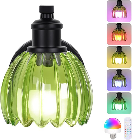 Rechargeable Battery Operated Wall Sconce with Green Glass Lampshade, Wireless Wall Scone Decor with Remote Control, 15 Colors Black Wall Light for Bedside Hallway Bedroom Doorway