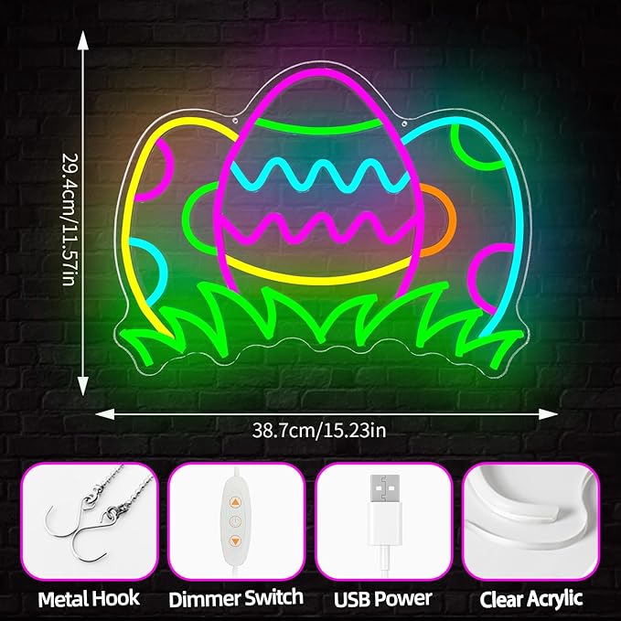 Easter Eggs Neon Sign Dimmable Easter Window Lights Three Colorful Eggs On Grass Neon Lights Egg Hunt Led Sign Happy Holiday Window Lights Decorations