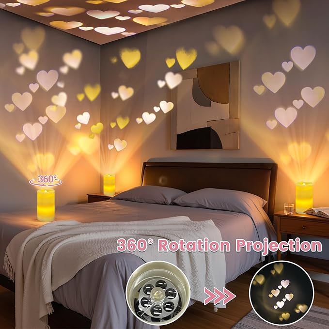 Flameless Candle Heart Projector Light,Valentines Day Decorations Candles Lamp with Romantic Heart Projector Lights, Battery Operated LED Candle with Remote&Timer for Girl Women Mom (Ivory - Heart)
