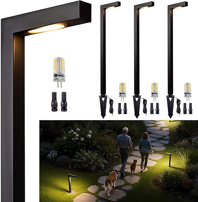 Gardenreet Brass Low Voltage Path Lights, 12V Landscaping Pathway Light IP65 Waterproof, Wired Walkway Lighting Outdoor, LED Black for Lawn Backyard with 3W 270LM 3000K Soft White G4 Bulb (4 Pack)