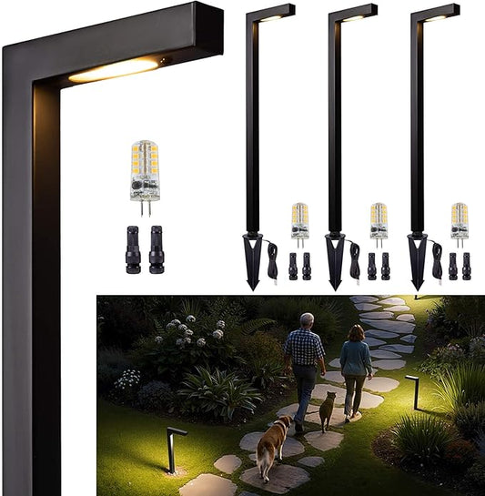 Gardenreet Brass Low Voltage Path Lights, 12V Landscaping Pathway Light IP65 Waterproof, Wired Walkway Lighting Outdoor, LED Black for Lawn Backyard with 3W 270LM 3000K Soft White G4 Bulb (4 Pack)