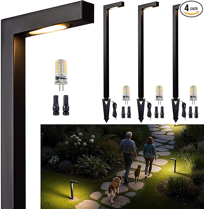 Gardenreet Low Voltage Pathway Lights Brass, LED Landscape Path Lights, Yard Lights Outdoor Waterproof IP65, 12V Wired L Shape Black for Garden Walkway with 3W 270LM 2700K G4 Bulb 4 Pack