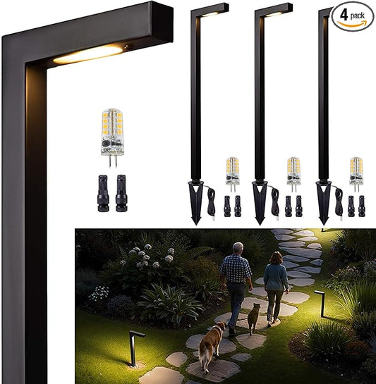 Gardenreet Brass Black Low Voltage Path Lights, Waterproof Landscape Pathway Light, 12V LED Outdoor Bronze L Shape Walkway Lamp for Driveway Sideway Garden with 3W 270LM 5000K G4 Bulb 4 Pack