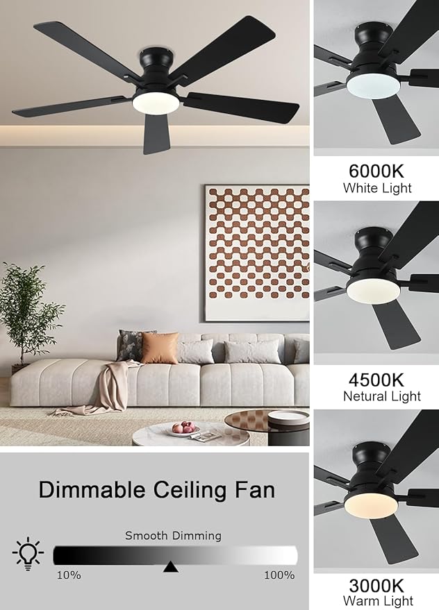 Ceiling Fans with Lights, 52Inch Low Profile Ceiling Fan with Light and Remote/App Control, Modern Flush Mount Black Ceiling Fan, 3CCT Dimmable, Reversible DC Motor, for Living Room,Bedroom
