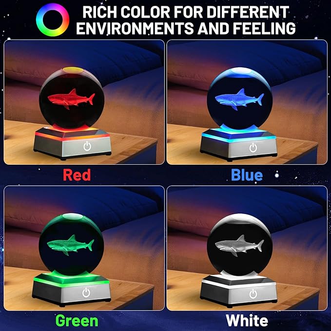 3D Shark Crystal Ball Night Light with LED Colorful Touch Base 3.15 Inch Shark Figurines Glass Sphere Lamp for Birthday Christmas, Cool Shark Home Table Lamp Decor Gifts for Boys Kids Teens Women
