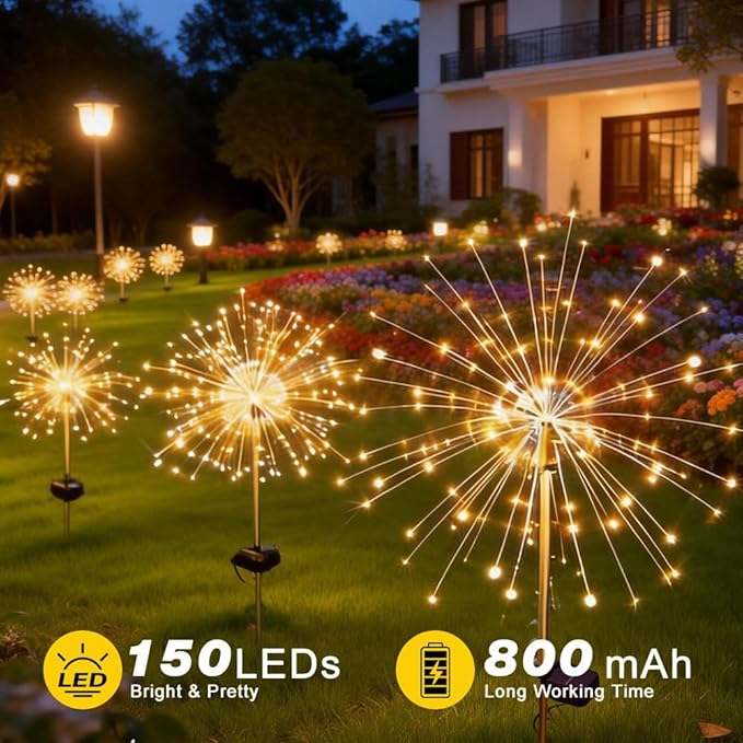 Solar Firework Lights for Outside, 150 LED 8 Modes Fireworks Solar Fairy Lights Outdoor Flowers for Garden Yard Patio Pathway Wedding Christmas Diwali Easter Party Decor Warm White(6 Pack)