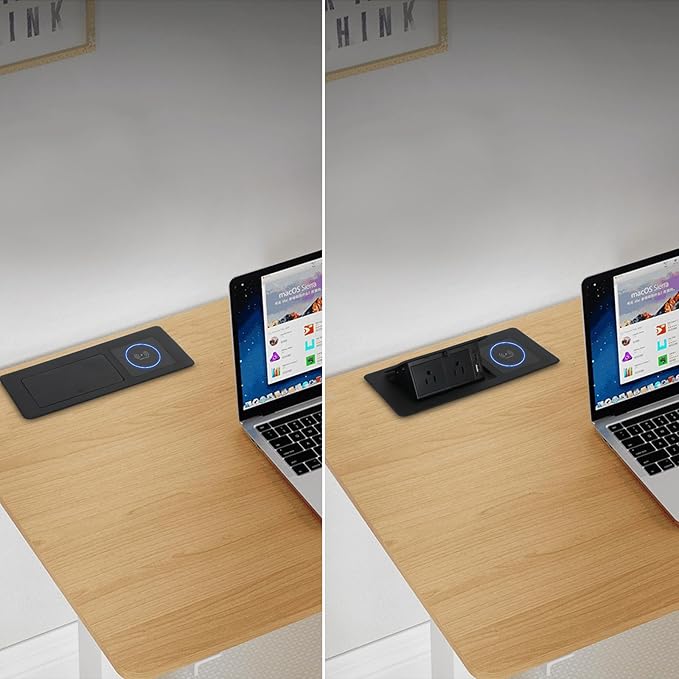 Table Pop Up Outlet Automatic Pop Up Strip Center Countertop Recessed Power Strip with 15W Wireless Charger + USB A + USB C + 2AC 5.9Ft Cord for Conference Desk Office Kitchen (Black-Wireless)