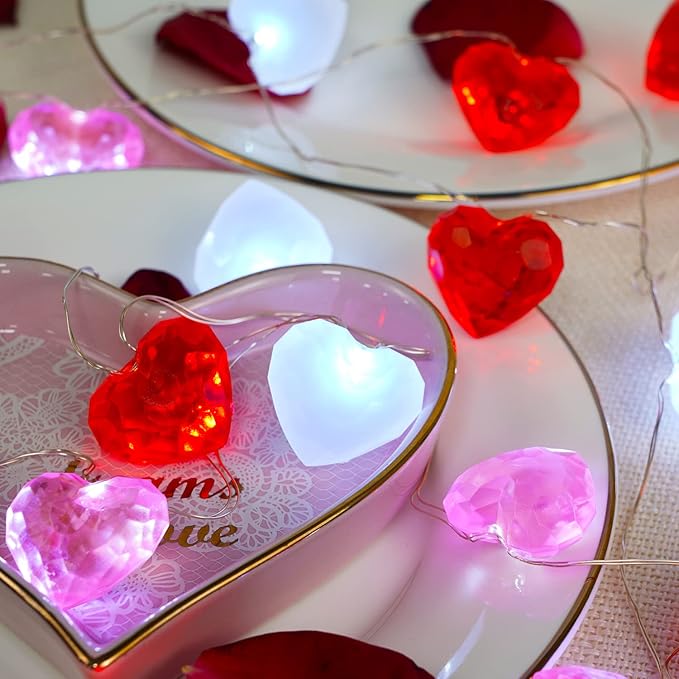 BOHON Valentine Day Decor 10 ft 30 LEDs 3D Heart Lights, Red White Pink Fairy String Lights with Remote Battery Operated, Valentines Decorations for The Home Bedroom Garland Wedding Indoor Timer