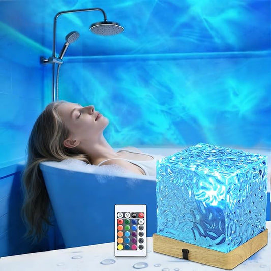 LETOUR Bathroom Mood Light,Rechargeable Shower Light 16 Color Changeable Ocean Wave Projector Lamp, Dimmable Waterproof Shower Lamp with Remote, Rotating Cube Water Ripple Lamp for Bath