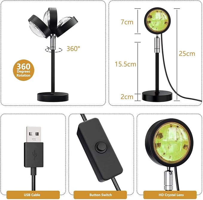 Sunset Lamp Projection Spotlight with Remote RGB 16 Colors for Influencer Video, 360 Degree Rotation Sunset Light Projector, Rainbow Projection Lamp LED Night Light for Bedroom, Party, Photography