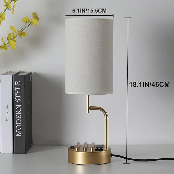 Dreamholder Table Lamp with 3 USB Charging Ports, Modern Desk Lamp with AC Outlet and Phone Stands, Perfect Bedside Lamp for Bedroom, Living Room, Office (Pack of 2), Gold