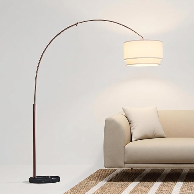 Brightech Mason Arc Floor Lamp - Modern Corner Standing Lamp with Unique Hanging Drum Lamp Shade for Living Room - Bright Overhead, Curved Hanging Light for Bedroom. Library, Den - Bronze