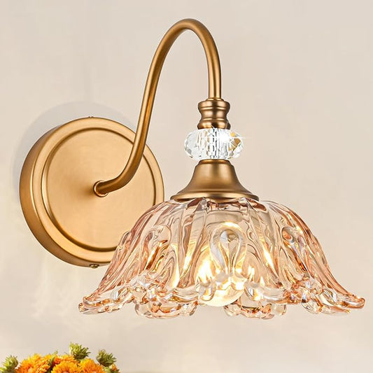 1 Piece Vintage Wall Sconce with Floral Amber Glass Shade, Matte Deep Brass Finish Wall Sconce for Bathroom,Vintage Amber Bathroom Vanity Light Fixture