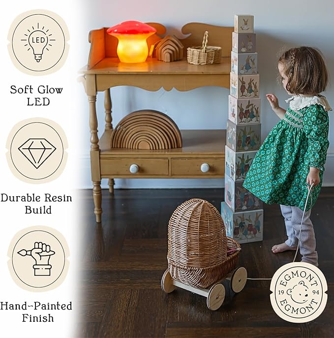 Egmont Toys Red Mushroom Lamp – Cute Vintage Night Light, Small Lamp for Bedroom or Bedside, Soft Ambient Lighting Mushroom Decor, Small Nightstand for Cozy Home Decor, Living Room (Medium)